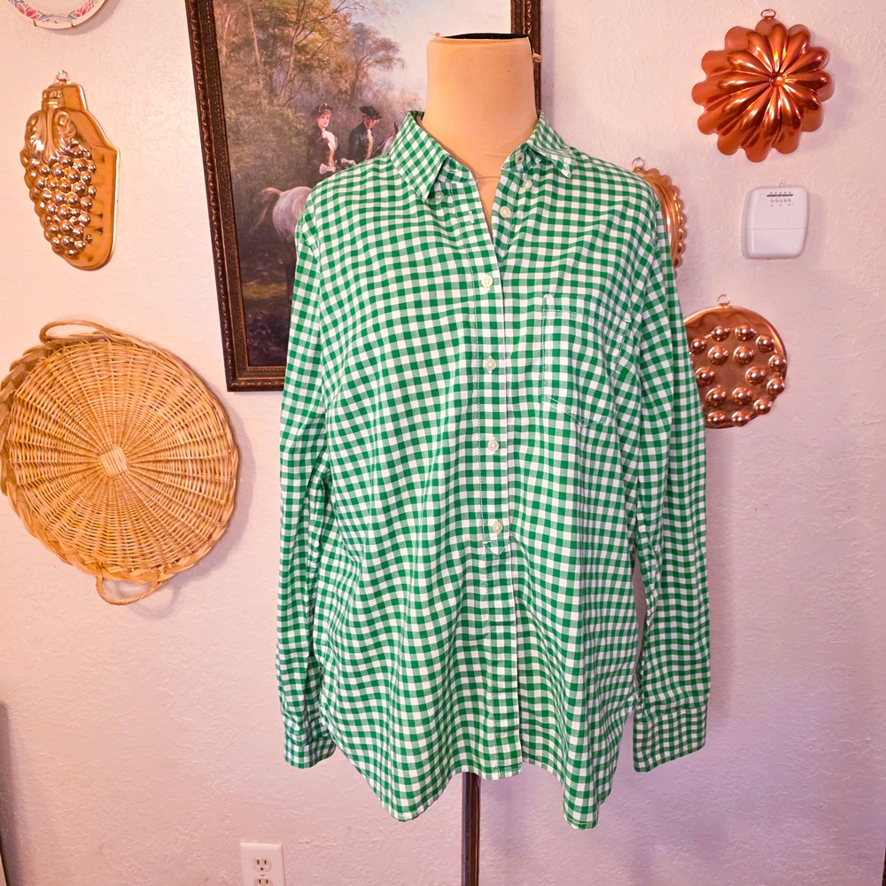 GAP Green Gingham Shrunken Boyfriend Button-Down Shirt Old Money Grandmillennial